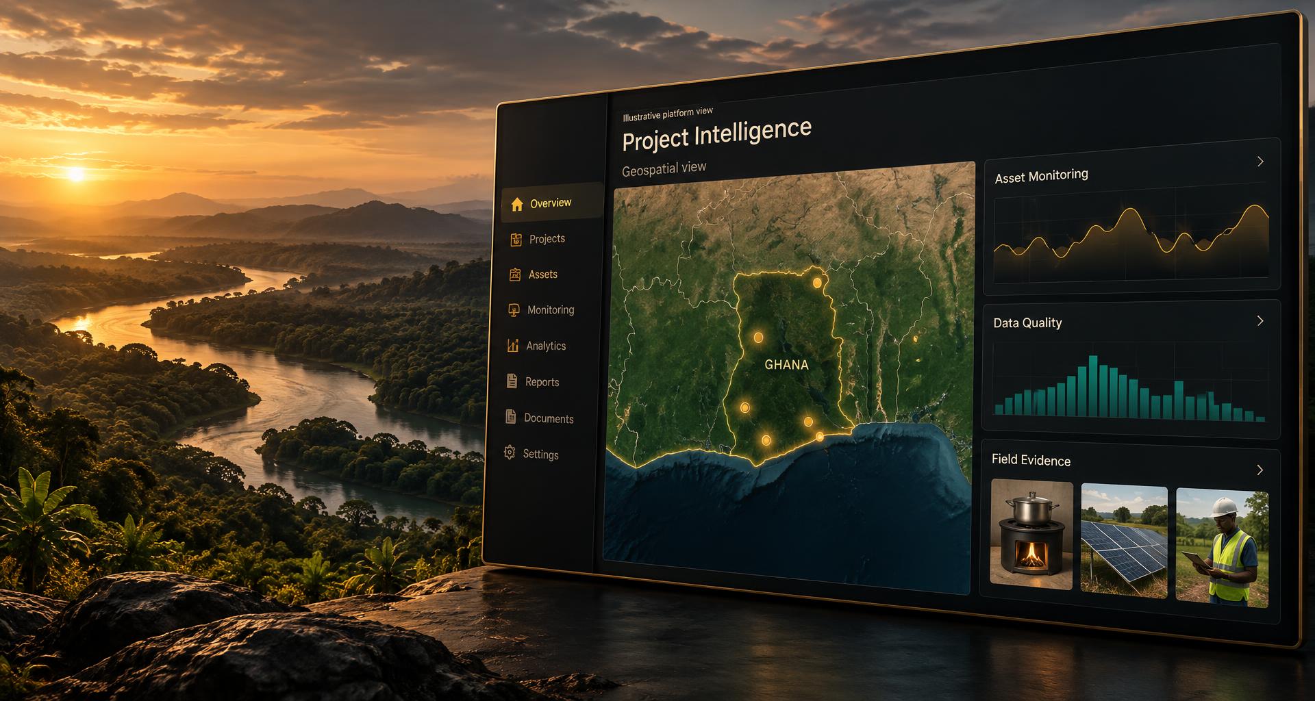 Illustrative CYLLARIS dashboard showing a Ghana geospatial map, asset monitoring, data quality and field evidence over a cinematic river landscape